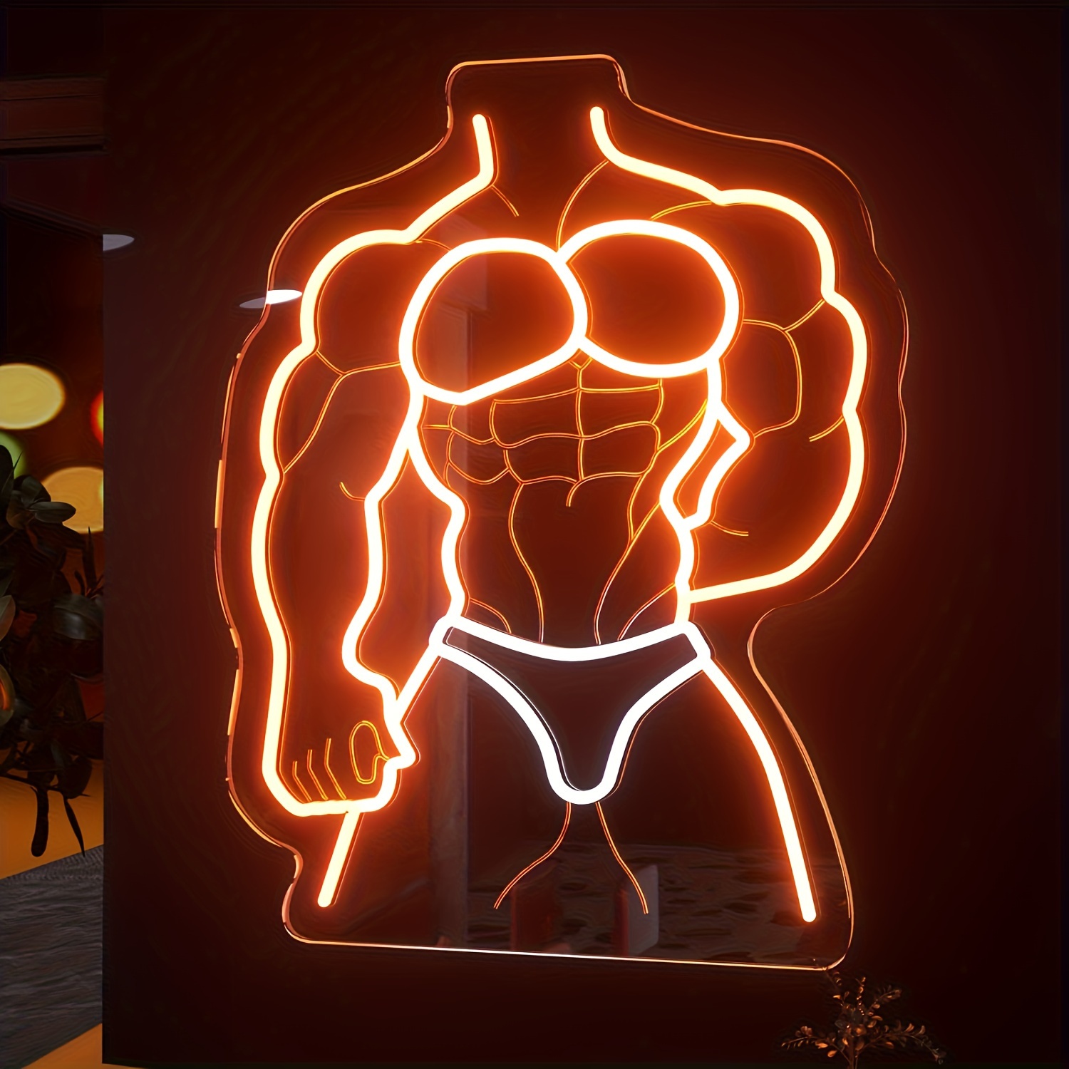 Home Gym Neon Sign - Neonowy znak Muscle Man, pomarańczowo-biały, świecący,